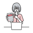 © 9bdesign - 座ってデスクでノートPCを開いて電卓を指差してこちらに向けて見せている教師の女性