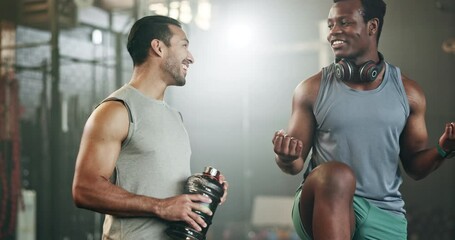 Poster - Happy man, friends and high five in fitness, workout or exercise in teamwork, motivation or gym together. People touching hands in success for sports training, healthy wellness or team in body goals