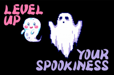 Canvas Print - Halloween Pixel Art Ghost Level Up Print with Funny Quote for Retro Gaming Event, Halloween Party Pattern or 90s Video Game Design. Geek Vector Background.