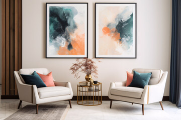  two framed abstract art pieces in a living room, Art Moderne Modern Interior Design