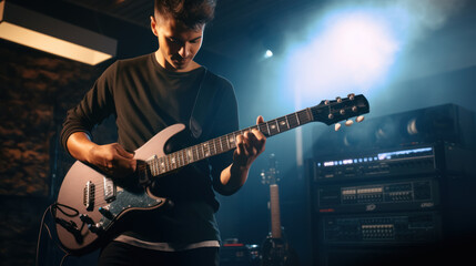 Male guitarist playing electric guitar at modern home studio or rehearsal room. Young man producing music with electronic effects processors