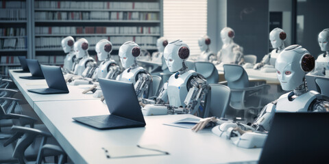 Many identical AI robots sitting at desks in the office and working with computers: Artificial intelligence and robotization effects on Employment