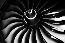 Jet Engine Blade, Close Up Detail In Black And White, Blades Of The Turbofan Engine Of The Aircraft