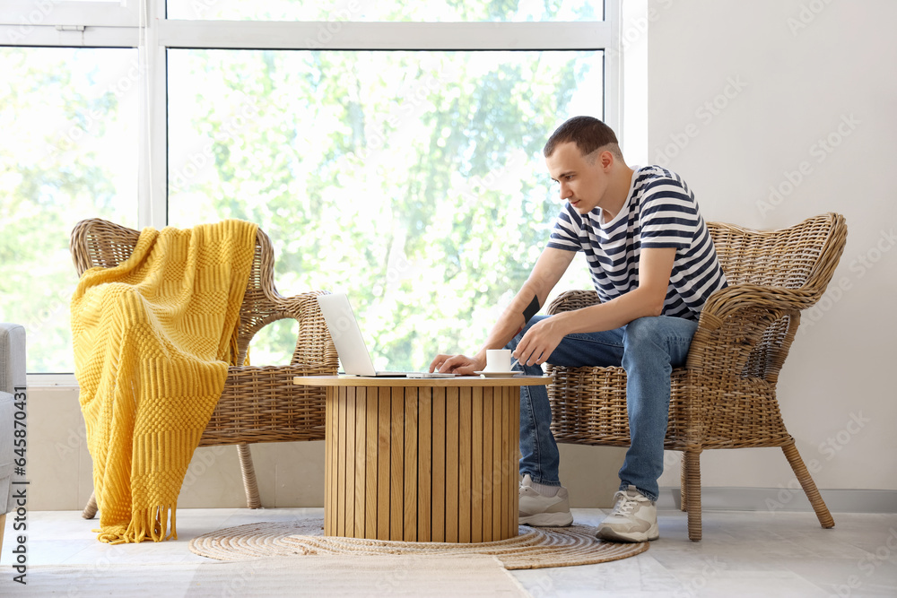Young man using laptop in armchair at home