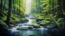 Capture The Essence Of A Babbling Brook In A Remote Forest, Where The Water Dances Over Mossy Rocks In A Peaceful, Secluded Setting.