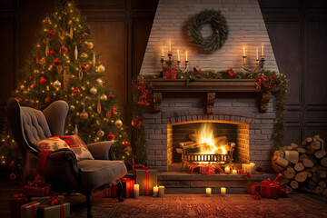 room fireplace with christmas decorations