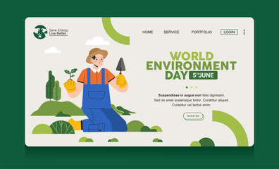 Poster - Word environment day man planting plants care of sustainable Ecology conservation nature banner template web poster