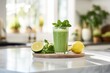 Healthy green smoothie or shake made out of fresh and organic lime and lemon on a kitchen counter top
