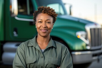 Wall Mural - Smiling portrait of a Middle aged african american female trucker standing by her truck while working for a USA trucking company