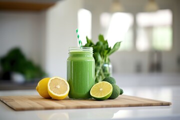 Healthy green smoothie or shake made out of fresh and organic lime and lemon on a kitchen counter top