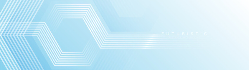 Poster - White, blue abstract background with glowing hexagon geometric lines. Modern shiny white lines pattern. Futuristic technology concept. Vector illustration
