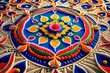 Generate a photorealistic representation of a traditional Rangoli masterpiece, capturing the ornate details and vivid hues that symbolize the essence of an important Indian celebration.