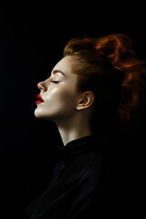  side view of beautiful pale woman with red hair isolated on black background
