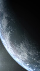 Poster - Vertical format : A cinematic rendering of planet Earth during sunrise as view from space with vibrant blue sky atmosphere
