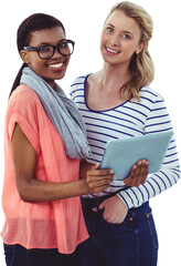 Wall Mural - Digital png photo of diverse women with tablet on transparent background