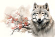 Image of wolf with pink cherry blossoms in ancient chinese style. Wildlife Animals. Nature. Illustration, Generative AI.