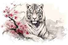 Image Of Tiger With Pink Cherry Blossoms In Ancient Chinese Style. Wildlife Animals. Nature. Illustration, Generative AI.