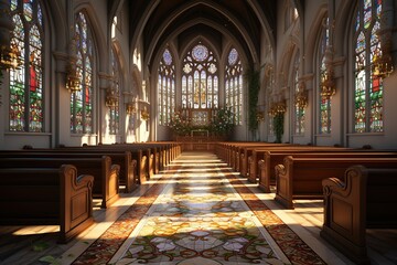 An image of a Christian church's serene interior, with stained glass windows and a cross.Generated with AI