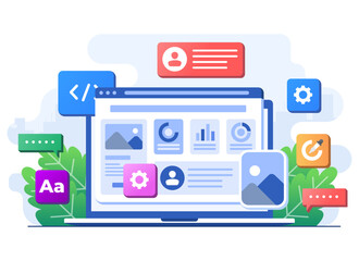 Interface elements and browser windows on the laptop screen, Web design, UI UX, Software development, Web design, Application design, Coding, Web development flat illustration for landing page