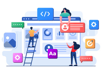 Developers building website User interface front view, Web design, UI UX, Software development, Web design, Application design, Coding, Web development flat illustration for landing page