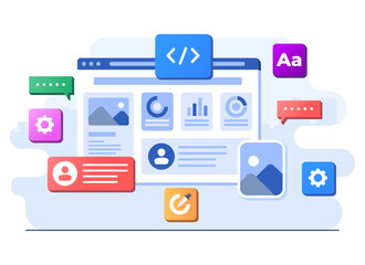 Interface elements and browser windows on browser window, Web design, UI UX, Software development, Web design, Application design, Coding, Web development flat illustration for landing page