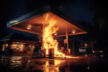 Gasoline Dispenser On Fire With Flames Going All.