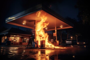 Gasoline dispenser on fire with flames going all.