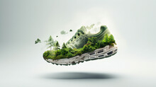 Carbon-Footprint Conscious Foot Ware, Shoe Made Out Of Plants And Trees,   Sustainability In Manufacturing Concept