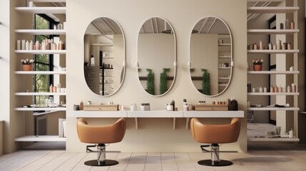 Wall Mural - Beige salon interior with chairs in row and cosmetics on shelf, Mirrors, Hairdressing and beauty salon.