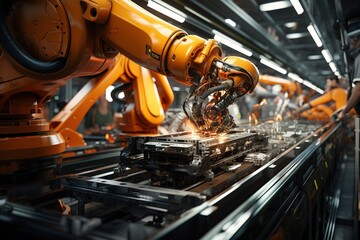 Wall Mural - robot arms in the modern automotive industry. Generated with AI