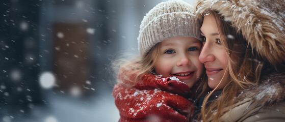 Canvas Print - A young girl with mom watches in wonder at the first snowfall of the season.