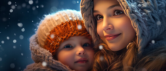 Wall Mural - A young girl with mom watches in wonder at the first snowfall of the season.