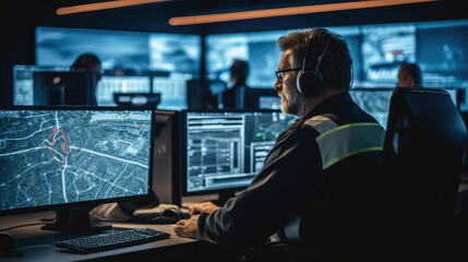 Poster - Fleet Manager Using Headphones with Built-In Mic for Communication with Delivery Vehicles At Monitoring Room, High-Tech Monitoring Room.