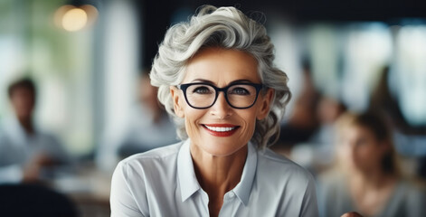 Senior woman leading a modern office meeting, Older Business Owners, Leading in Modern Markets.