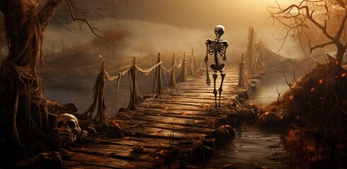 Skeleton bone walking across the bridge in the life after death concept. Road to heaven or hell. Merit or sin theme.