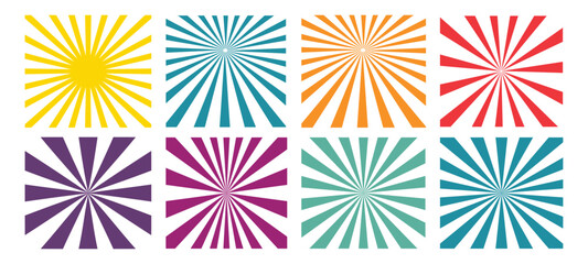 Set of vector sunburst badges. Colored sunburst element radial stripes stickers. Collection of different types of sunburst pattern design