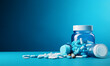 Blue antibiotic pill and medical equipment in laboratory collection variation, blank space on left, right, center side, blue background, view on front AI image generative