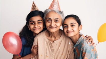 A joyful grandma celebrates her birthday with her grandkids. Generative AI