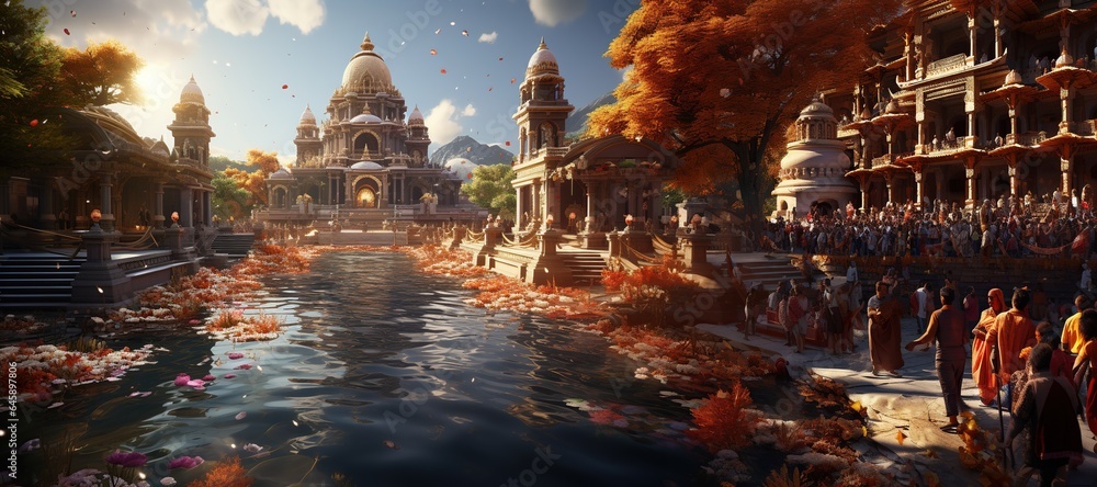 Hindu temple with devotees performing rituals amidst colorful ...