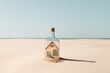 © Breezze - A simple tiny house inside a bottle on a sandy beach, representing the dream of serene and minimalist living by the shore