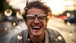 © Breezze - An upbeat man with glasses beams joyfully while navigating the vibrant city streets, a spontaneous snapshot