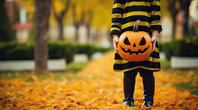 Little Girl Holding A Halloween Pumpkin Showing It To Camera, Closeup Photo Of Halloween Jack-o-lantern In A Child's Hands, Outdoors Photo, Halloween Suit, Autumn Background