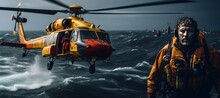 Coast Guard Lifeguard Descends From A Helicopter Onto A Ship In The Middle Of The Deep Blue Sea, Performing A Daring Rescue Operation.Generated With AI