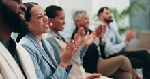 Business People, Woman And Team Applause In Conference, Tradeshow And Support Feedback Of Success. Happy Employees, Audience And Clapping In Celebration, Praise Or Winning Award At Seminar Convention