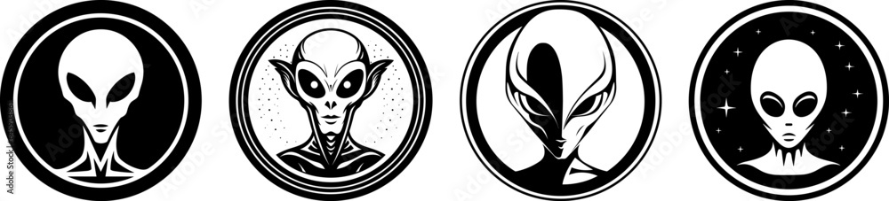 Alien portrait round circular logo emblem isolated black vector ...