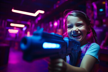 Happy child playing laser battle game