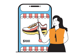 Aufkleber - Shopping concept with people scene in flat web design. Woman choosing new shoes in assortment of online store using mobile application. Vector illustration for social media banner, marketing material.
