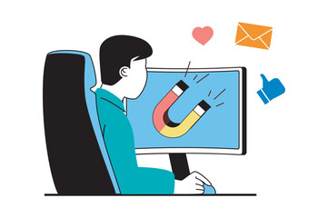 Leinwandbilder - Social media marketing concept with people scene in flat web design. Man promoting blog online, makes emails with promo information. Vector illustration for social media banner, marketing material.