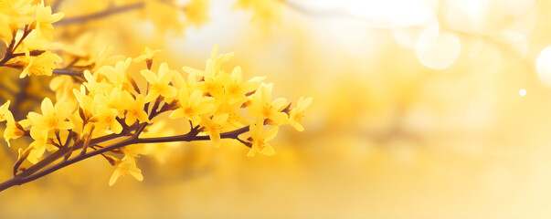 flowering forsythia in springtime sunshine, floral spring background banner concept with copy space and defocused lights in saturated yellow color