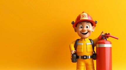 copy space, 3d render. Cartoon character caucasian fire man holding a fire extinguisher wears helmet and protective clothing. clip art isolated on yellow background. fire prevention